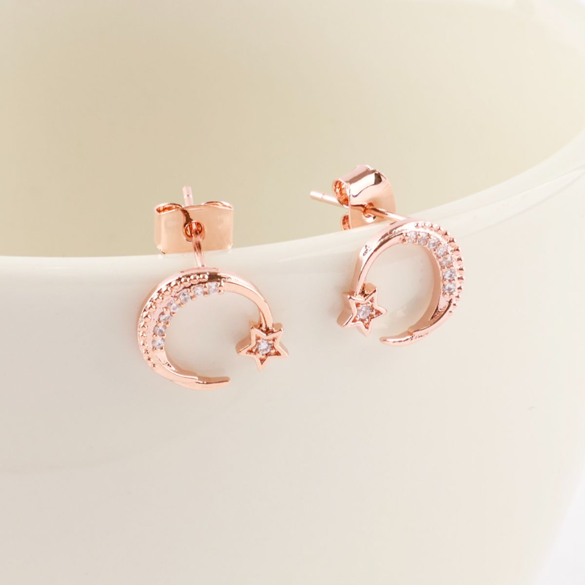 Celestial Crescent Moon & Star Pavé Stud Earrings | Silver, Gold & Rose Gold