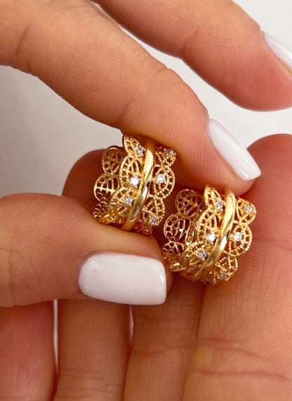 Vintage Filigree Chunky Hoop Earrings | CZ | Gold & Silver | Korean Jewelry