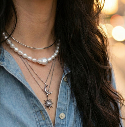 Silver brass wire choker with baroque pearls worn with denim chambray shirt