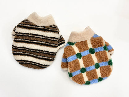 Cozy Sherpa Fleece Dog Cardigan - Button-Up Winter Coat Check & Stripe