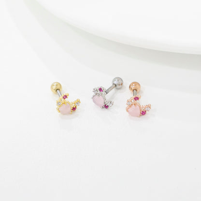 Three moon heart barbell studs with surgical steel post and pearl ball closure on white background