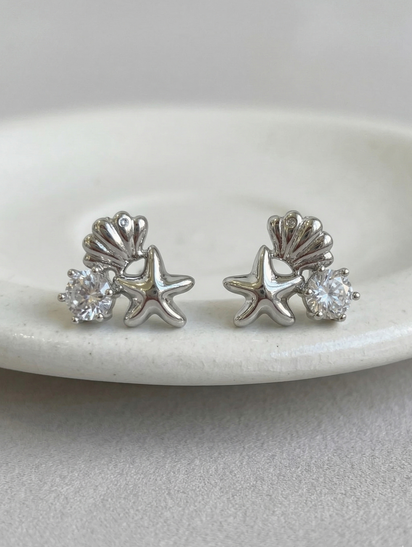 Mermaidcore Shell & Starfish Cubic Zirconia Stud Earrings | Hypoallergenic Titanium Post | Gold & Silver