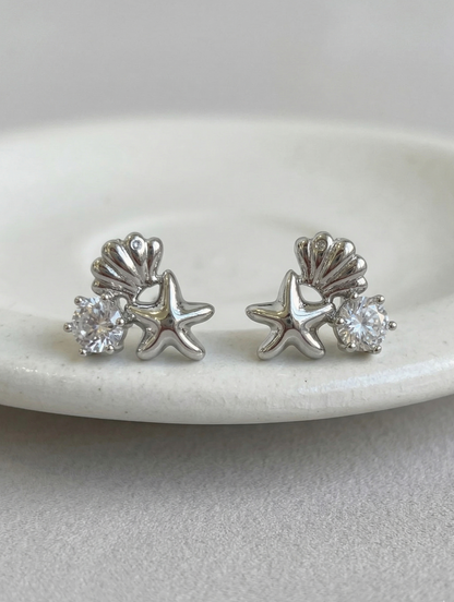 Mermaidcore Shell & Starfish Cubic Zirconia Stud Earrings | Hypoallergenic Titanium Post | Gold & Silver