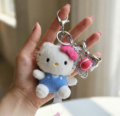 Authentic Hello Kitty Tennis Plush Keychain Bag Charm | Kawaii Y2K Tenniscore Accessory with Silver Bow & Racket Charms