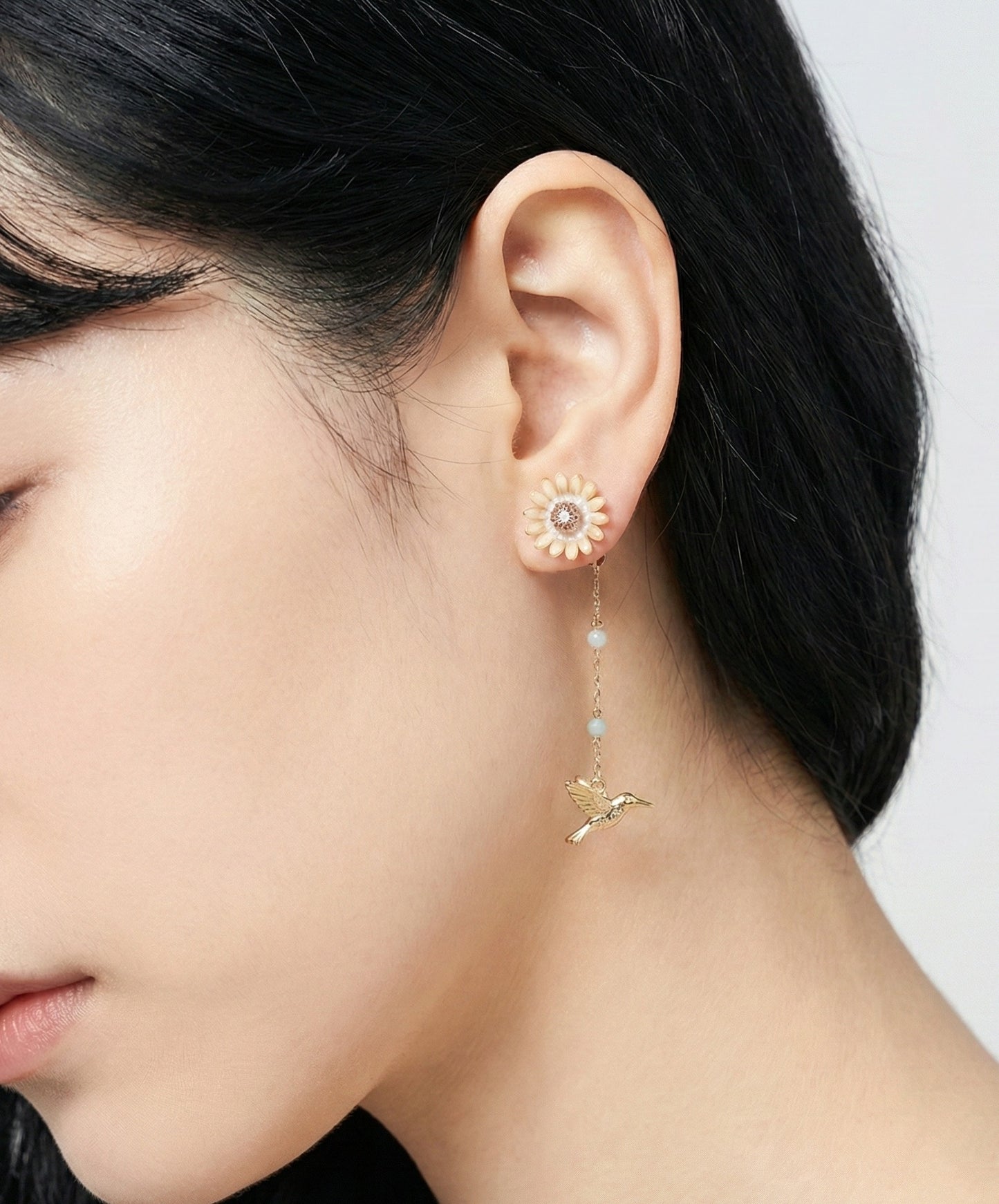 Handmade Daisy Flower Hummingbird Front-Back Drop Earrings - Titanium Post