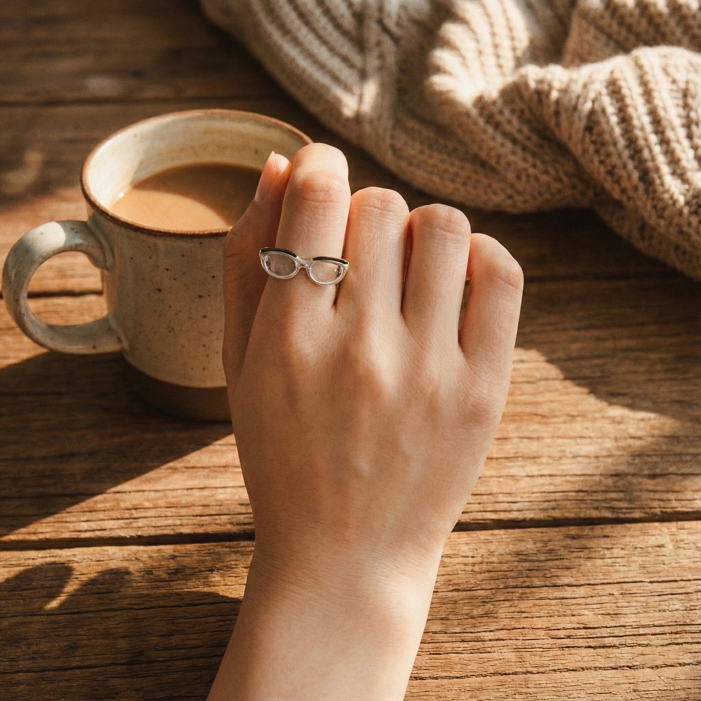 925 Silver Glasses Ring with Acrylic Lens - Adjustable Open Ring