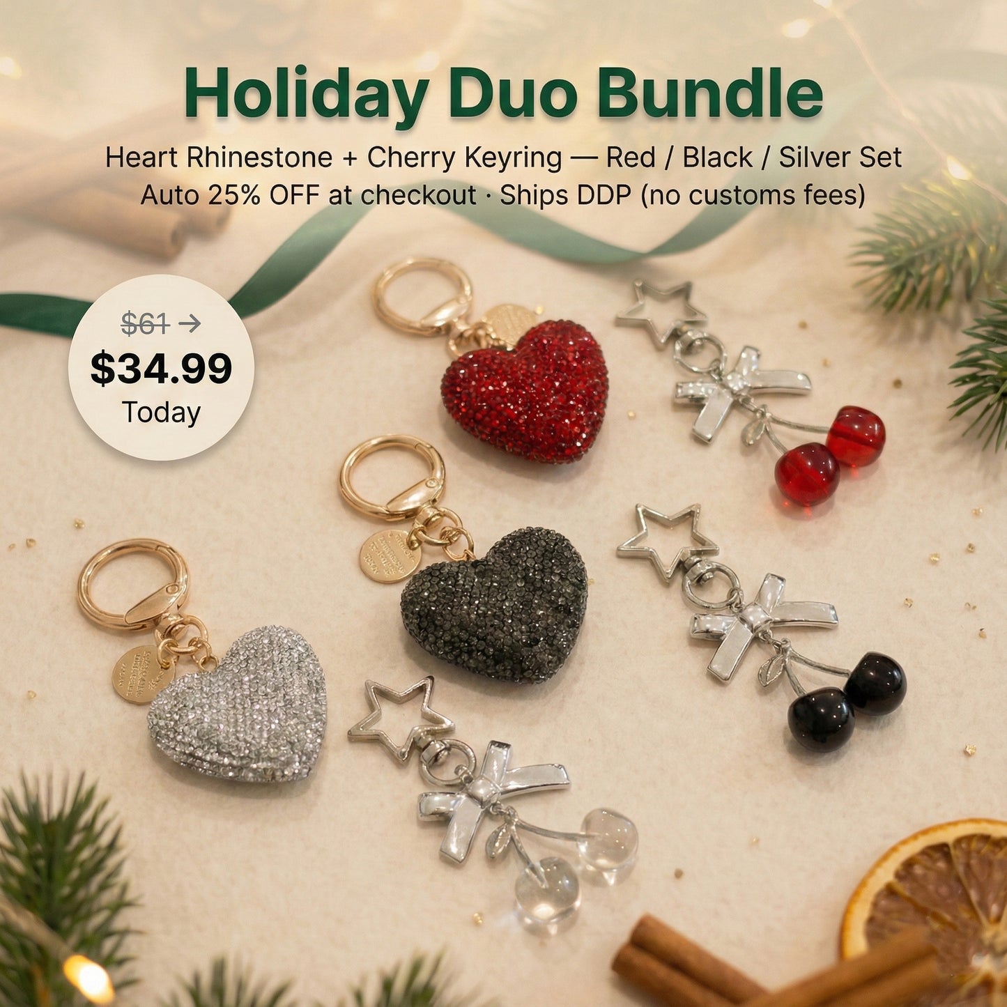 Heart Rhinestone Bag Charm & Cherry Keyring Set - Holiday Gift Bundle
