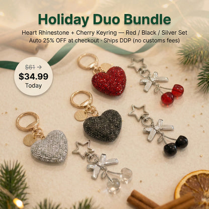 Heart Rhinestone Bag Charm & Cherry Keyring Set - Holiday Gift Bundle