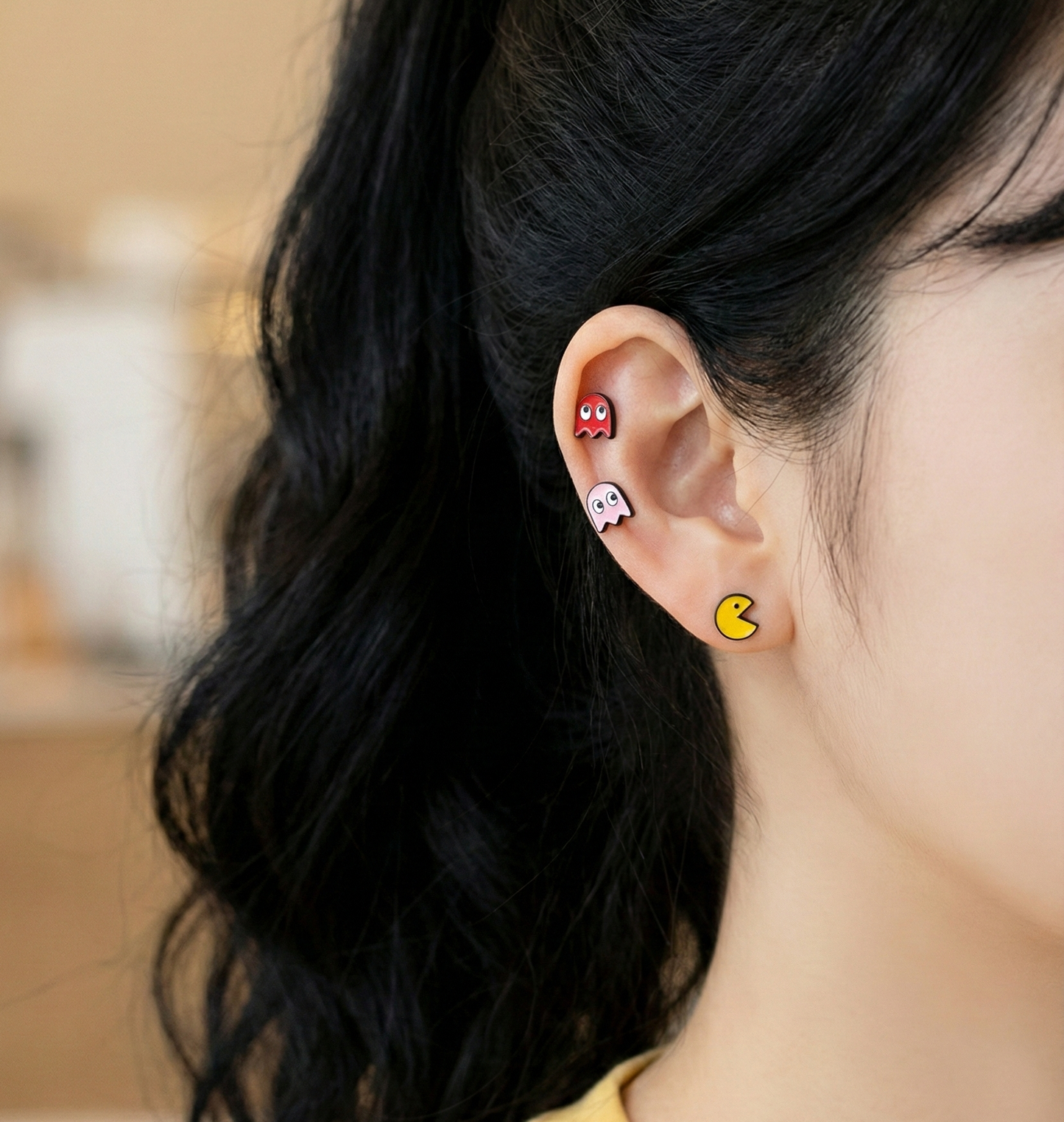 Pac-Man & Ghost Barbell Stud | Retro Gamercore Piercing | Made in Korea