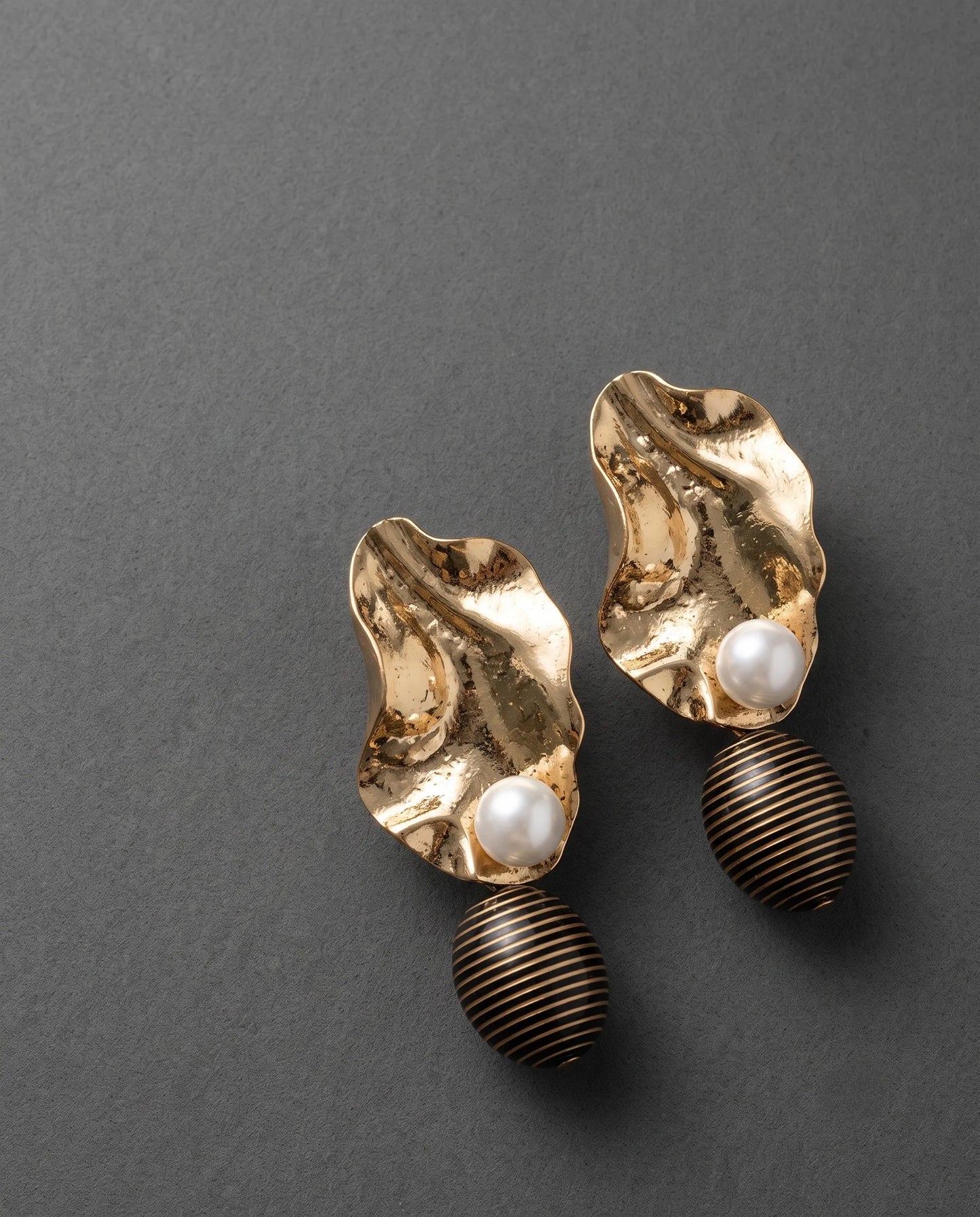 Gold Hammered Pearl Drop Earrings | K-Style Statement | Titanium Post