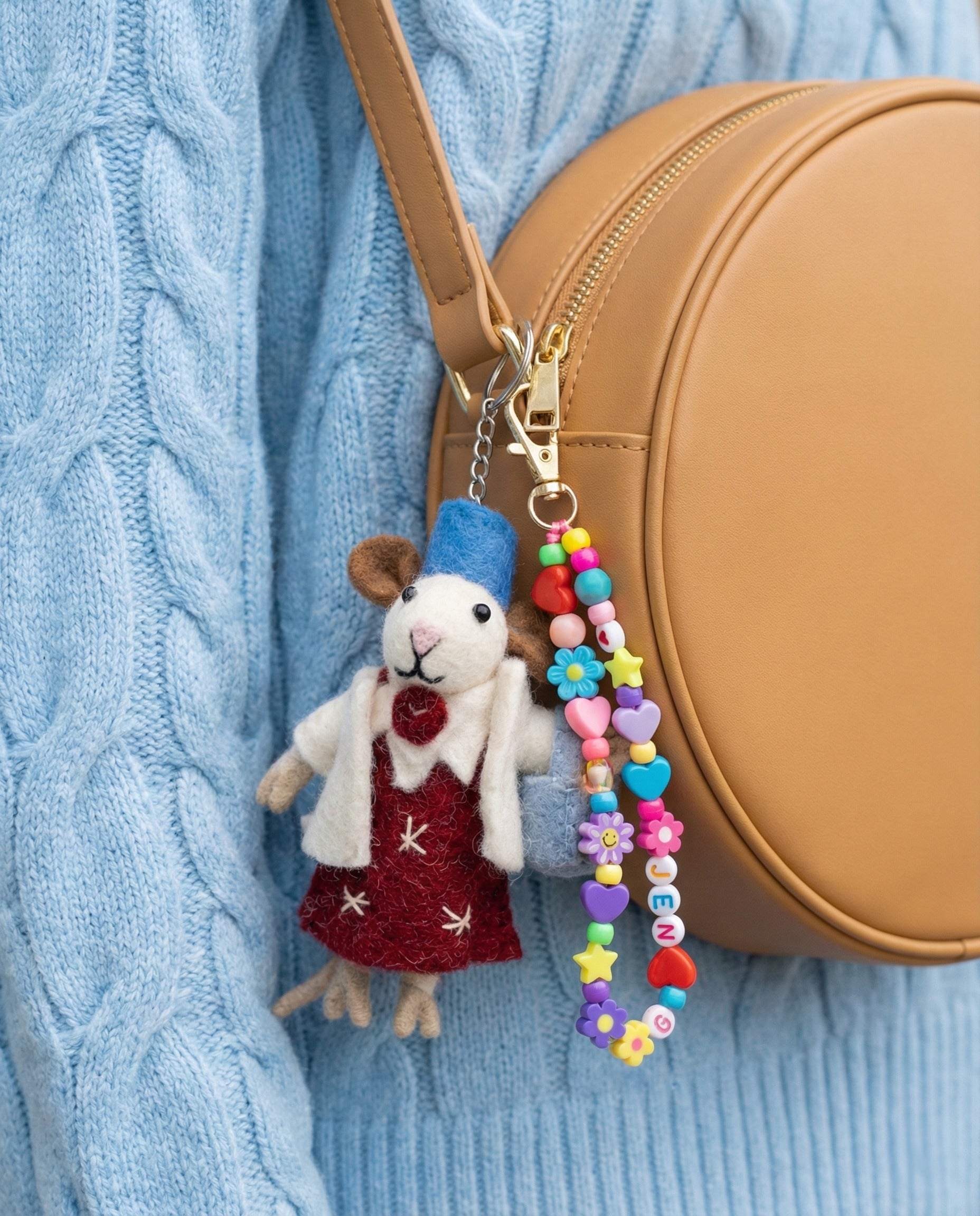 Beaded keychain and felt animal charms on basket bag - trendy bag accessories