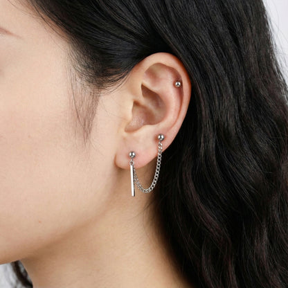 Surgical Steel Double Barbell Chain Connected Earring with Stick Drop