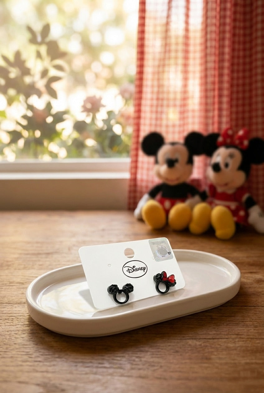 Disney Mickey & Minnie Black Crystal Stud Earrings - Silver Post