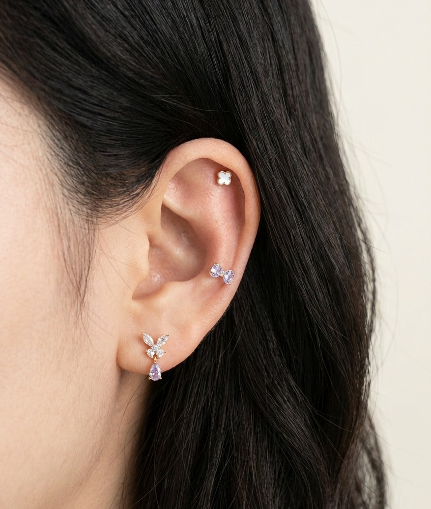 Butterfly Drop Barbell Earrings – Purple & Clear CZ | Cartilage earring