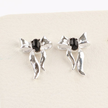 925 Sterling Silver Black Agate Bow Stud Earrings — Vintage Dark Coquette Jewelry