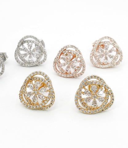 Heart CZ stud earrings collection in silver rose gold and yellow gold on white background, showing 925 silver posts, Korean handmade jewelry set