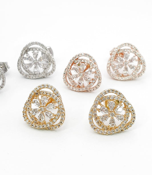 Heart CZ stud earrings collection in silver rose gold and yellow gold on white background, showing 925 silver posts, Korean handmade jewelry set