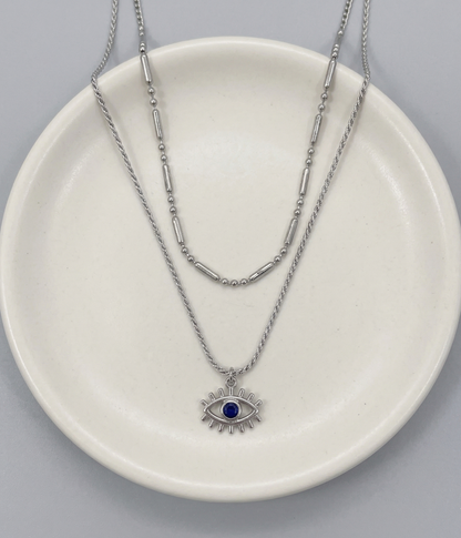 Evil Eye Layered Necklace – Double Chain Sunburst Pendant in Gold & Silver | 8TTITTO8
