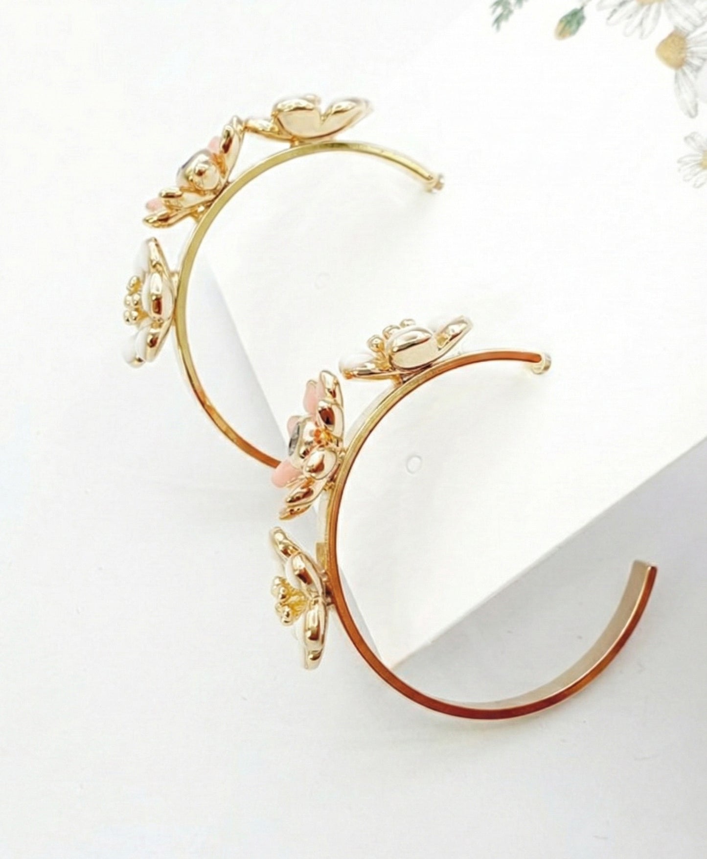 Korean Handmade Enamel Flower Hoop Earrings - Titanium Post (2 Colors)