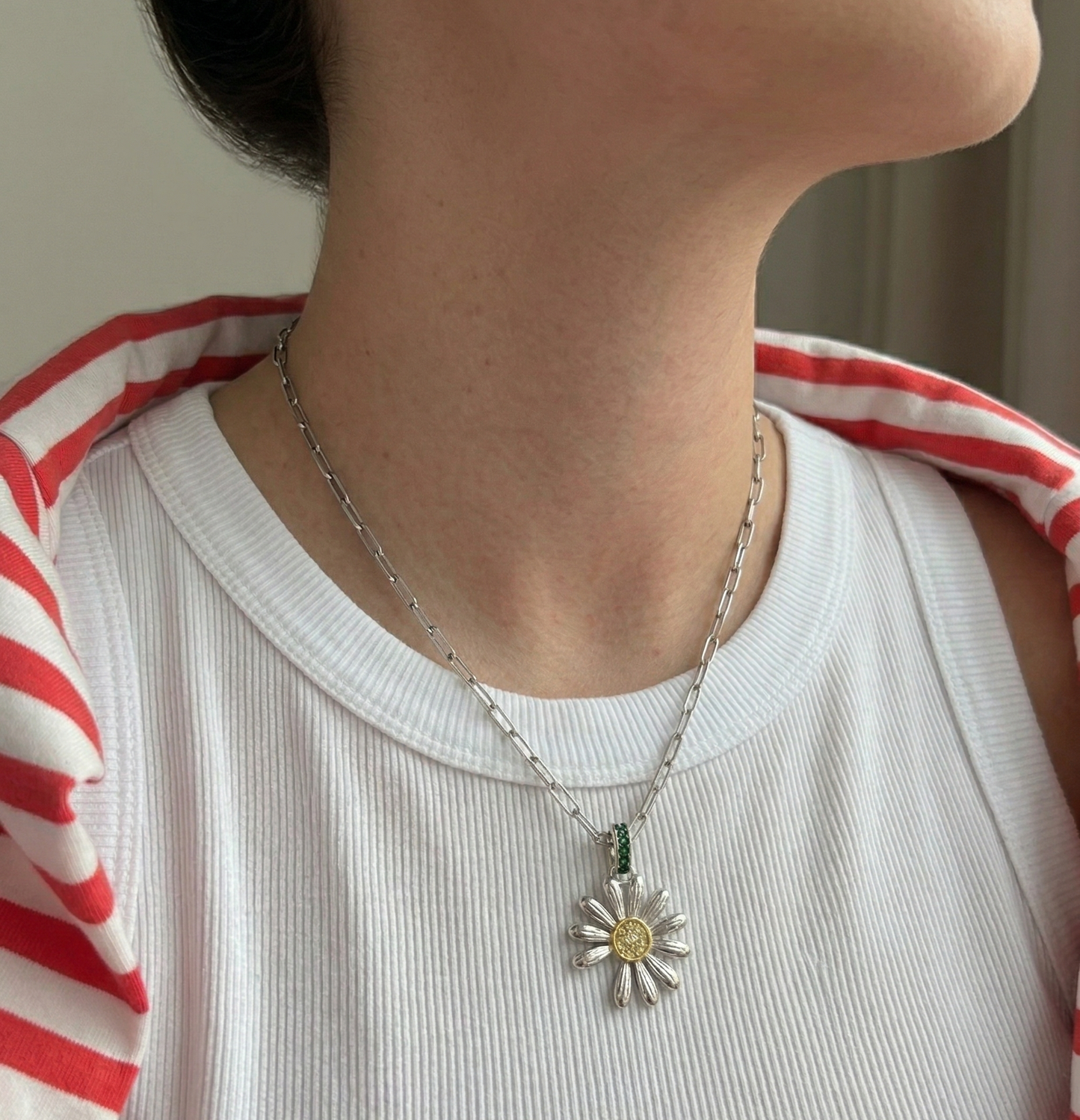 925 Sterling Silver Daisy Pendant Necklace – Green CZ Bail & Yellow Pavé Center