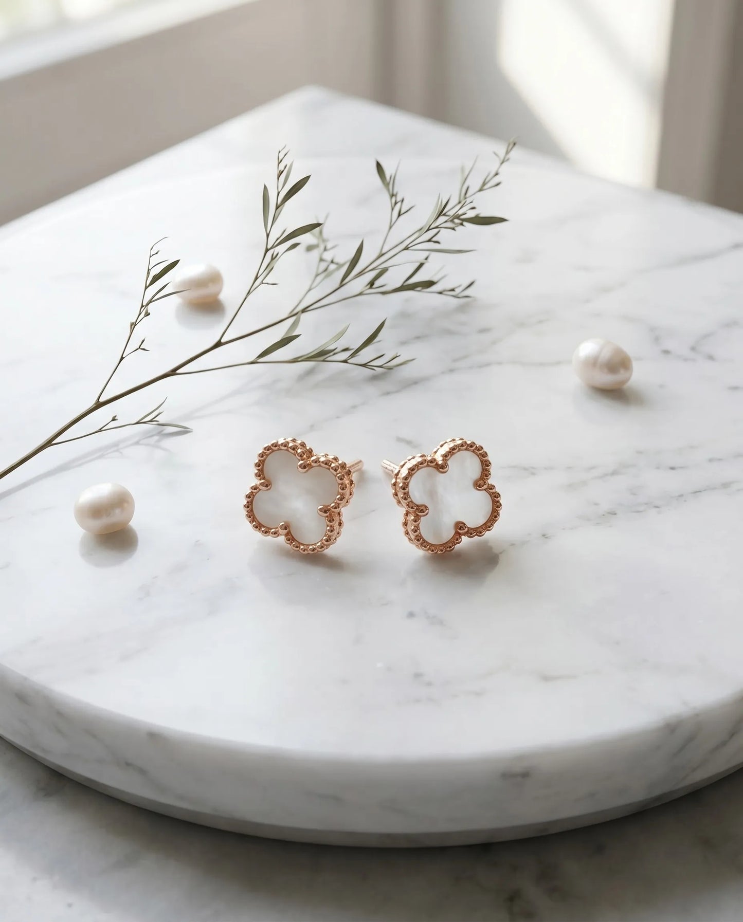 925 Silver Clover Gemstone Studs | Rose Gold | 5 Colors