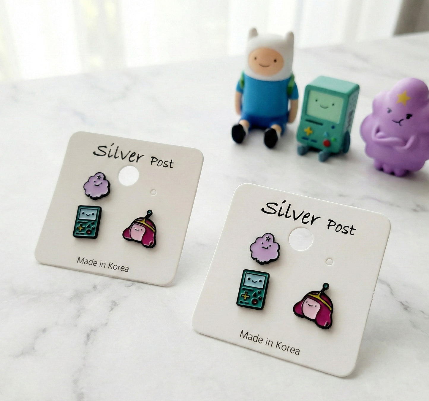 Adventure Time LSP Lumpy Space Princess BMO Princess Bubblegum earrings set on white cards with figurines