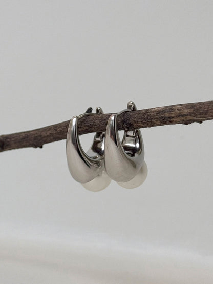 Gold Silver Teardrop Pearl Huggie Earrings - Titanium Post & Lightweight