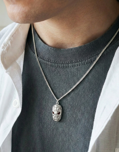  Man wearing a handmade 925 silver spider necklace over a dark grey t-shirt