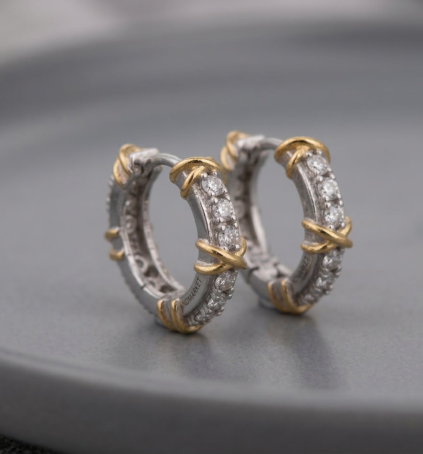 Two-Tone CZ Criss-Cross Huggie Hoop Earrings – 925 Sterling Silver, Gold X Detail