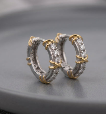 Two-Tone CZ Criss-Cross Huggie Hoop Earrings – 925 Sterling Silver, Gold X Detail