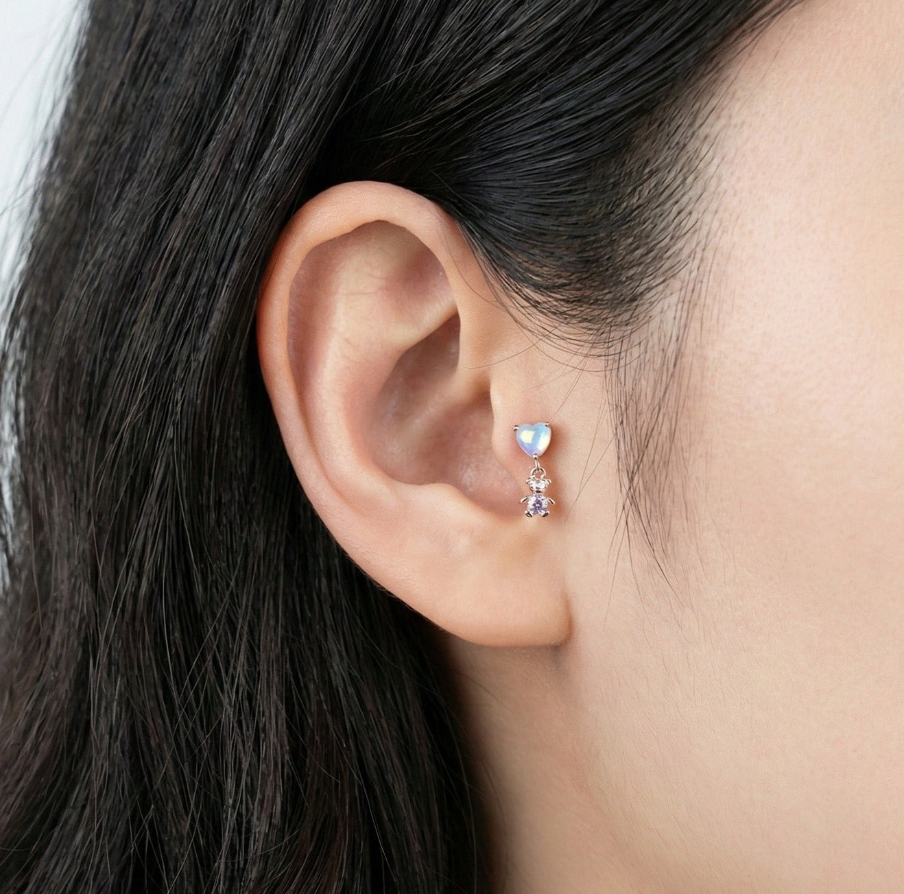 Aurora Heart & Teddy Bear Dangle Barbell Piercing | Titanium Post