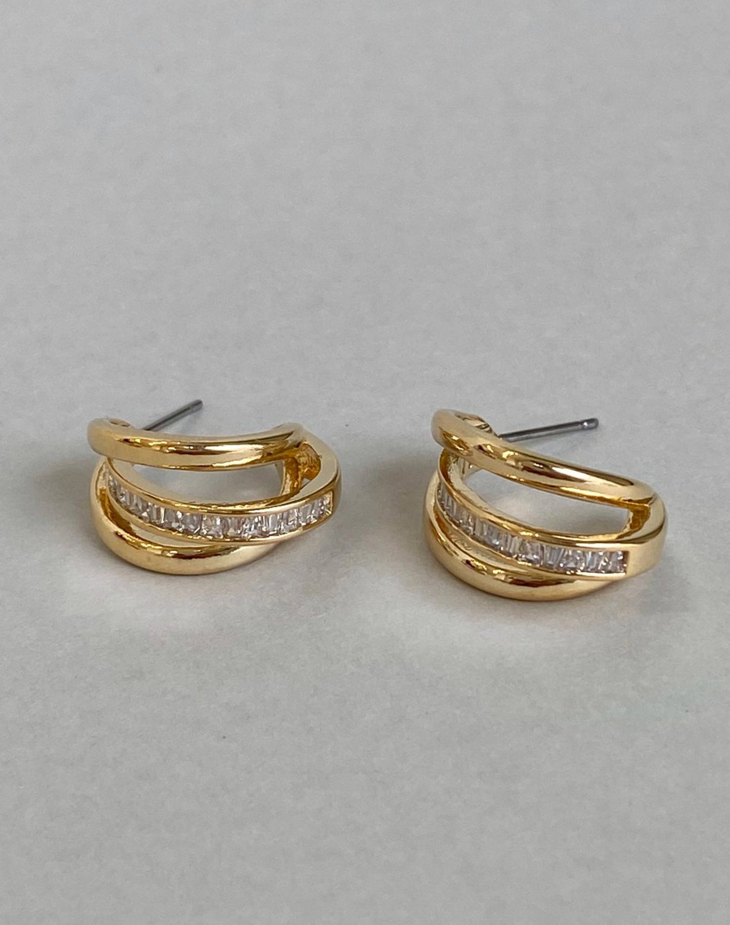 Triple Row Baguette CZ Huggie Hoop Earrings | Gold & Silver