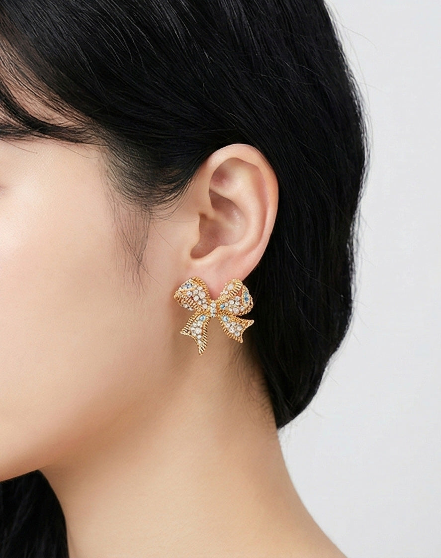 Vintage Kitsch Bow Earrings - Chunky Retro Ribbon Statement Studs with Sparkling Crystals
