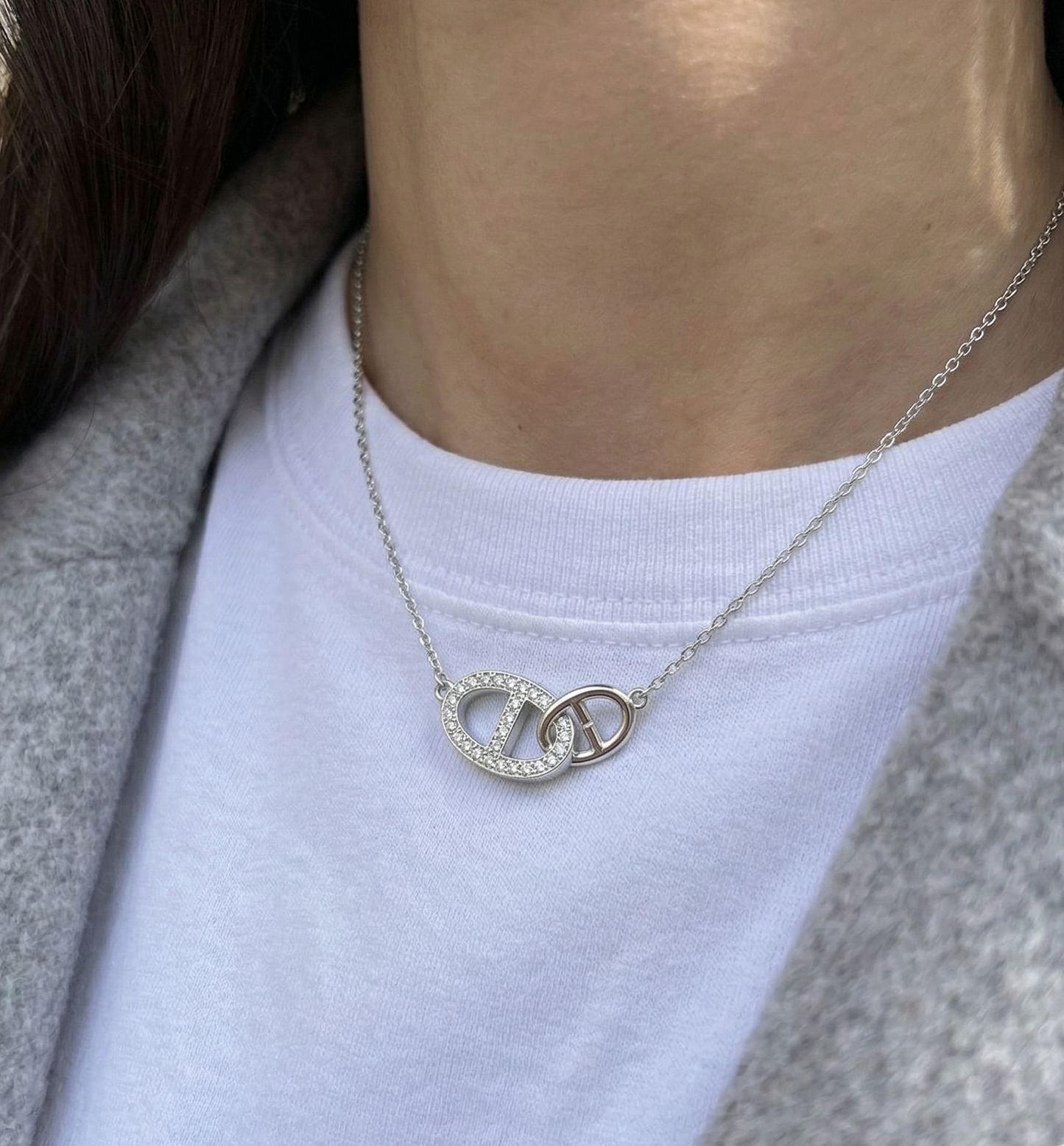 925 Sterling Silver Pavé CZ Interlocking Double Ring Necklace