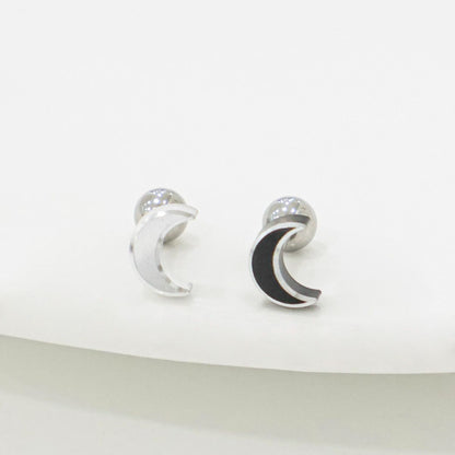Silver crescent moon barbell stud earrings on white background