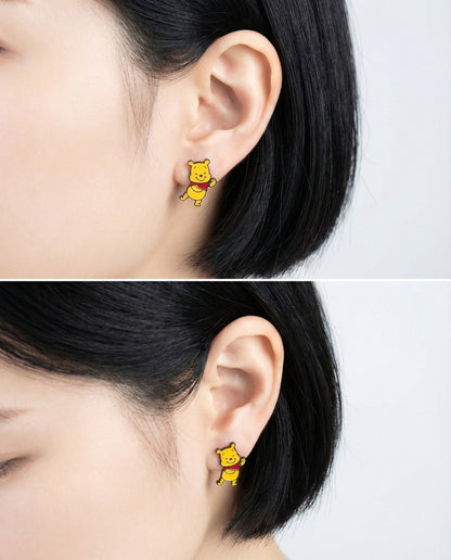Pooh & Piglet Inspired 2-Way Drop Stud Earrings Handmade in Korea, 925 Silver Post