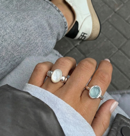 925 Sterling Silver Aquamarine Ring - Adjustable Natural Gemstone Open Ring