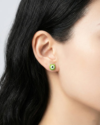 Mike Wazowski green Tsum Tsum stud earring worn on lobe - 925 sterling silver hypoallergenic post