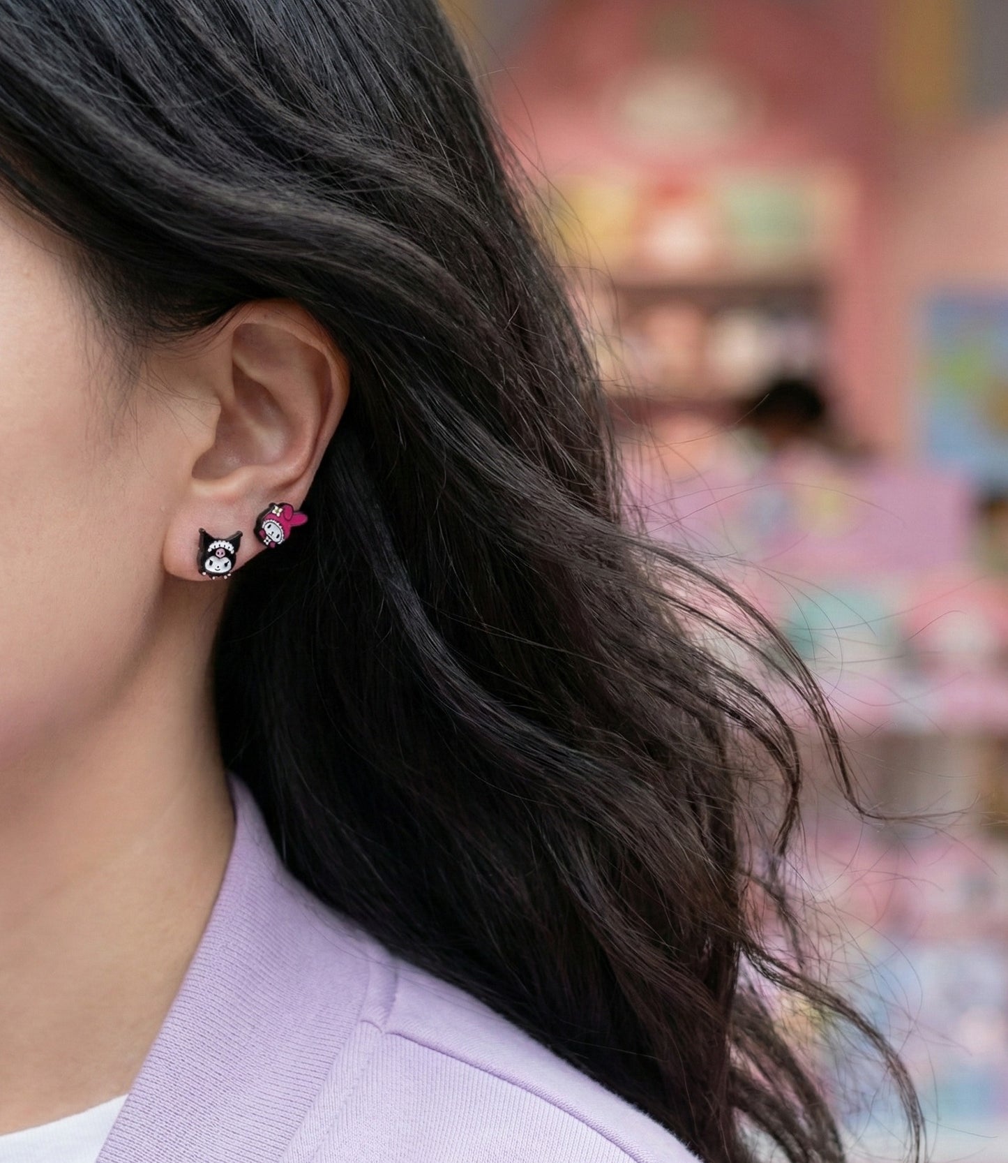 Cute Kuromi & My Melody Mismatched Stud Earrings - Silver Post Handmade