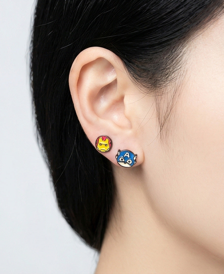 Front view of Iron Man and Captain America Avengers earrings showing detailed face painting on brass