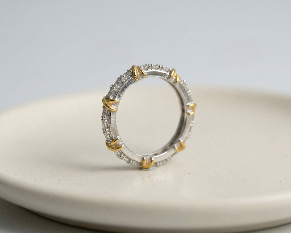 Two-Tone Sterling Silver Eternity Ring | CZ X-Cross Band Platinum Gold Plated