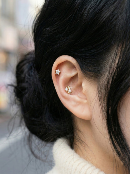 Celestial Crescent Moon & Rabbit Barbell Stud Earring | Dainty Star Bunny Cartilage Piercing | Surgical Steel Post