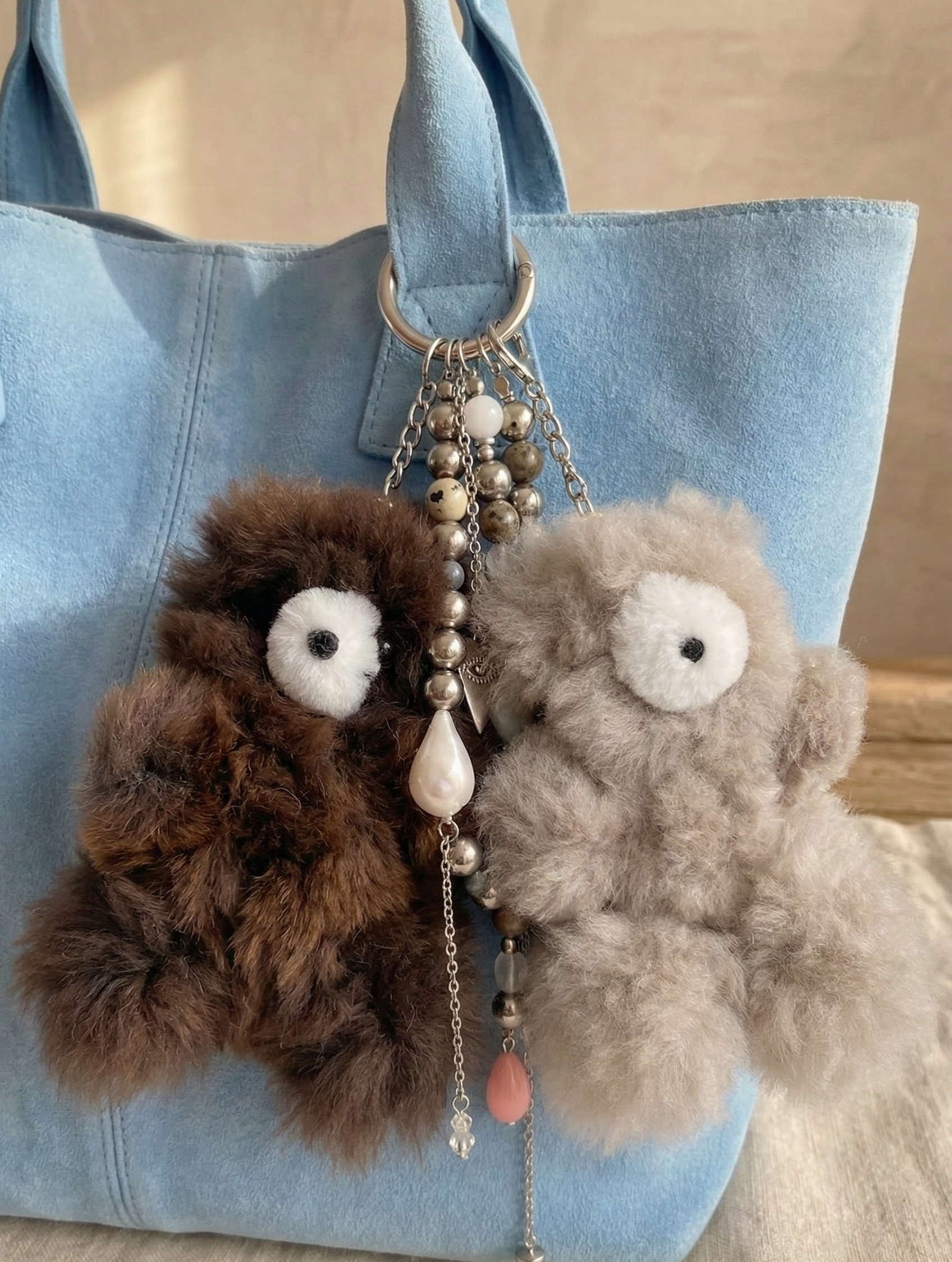 Two fluffy owl-shaped keychains hanging from a blue bag.