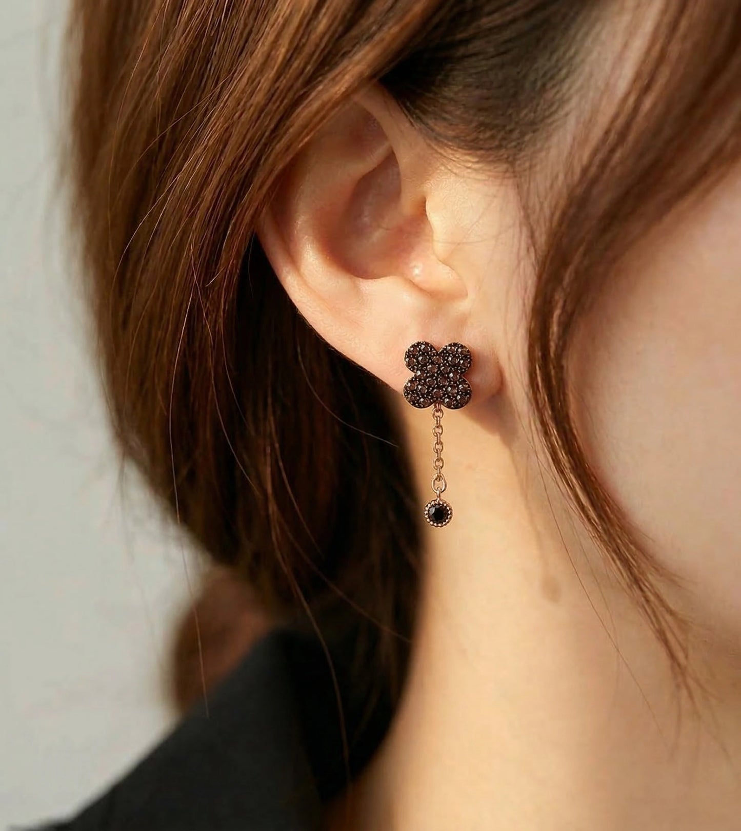 925 Sterling Silver Cognac Brown Pavé Clover Two-Way Drop Earrings | Rose Gold Plated