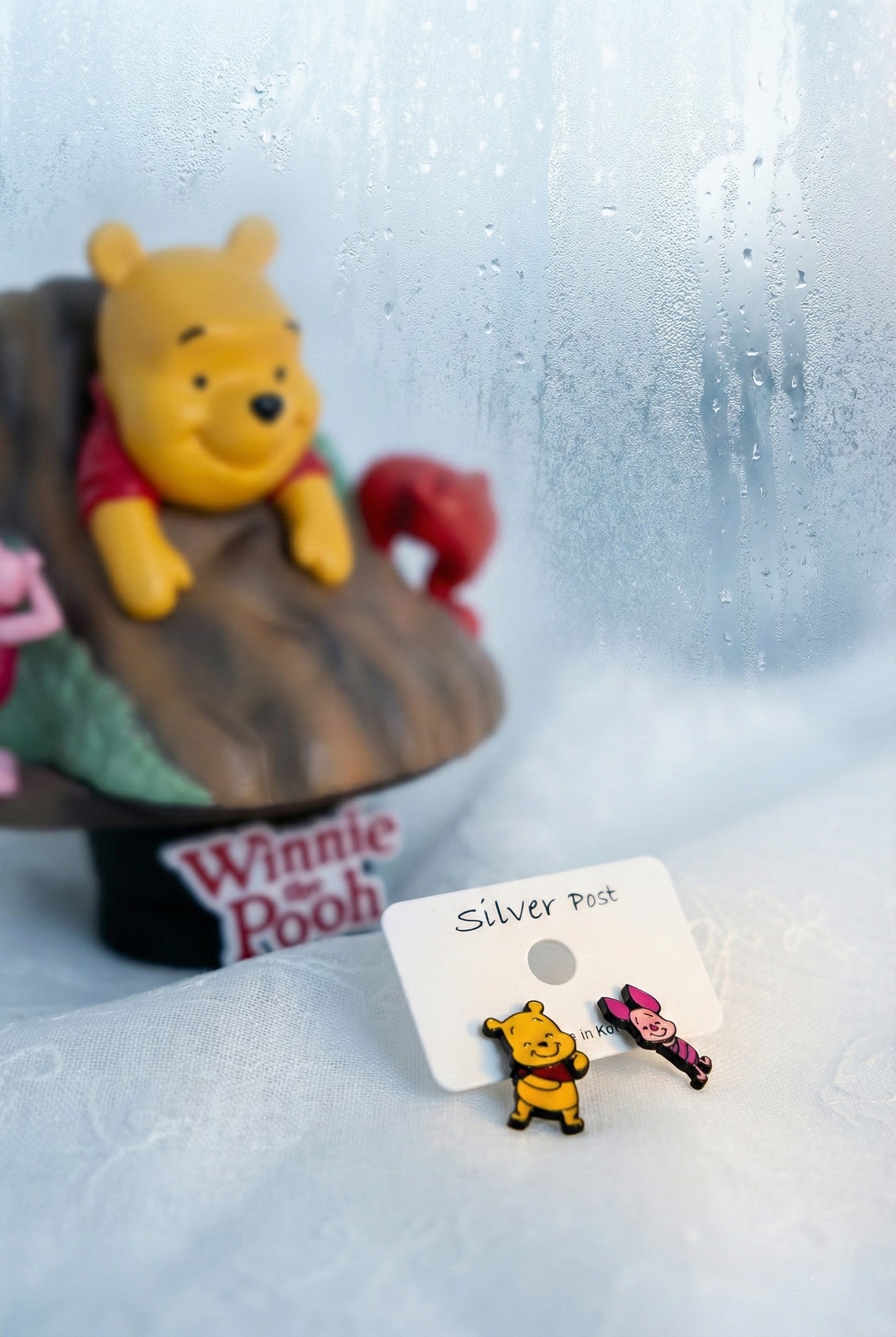Pooh & Piglet Inspired 2-Way Drop Stud Earrings Handmade in Korea, 925 Silver Post
