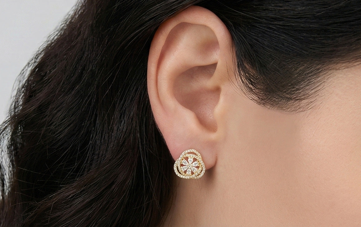 Heart Flower CZ Stud Earrings - 925 Silver