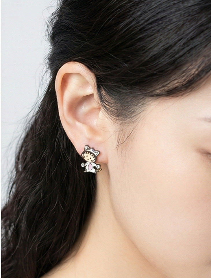 Chibi Maruko & Tamae 2-Way Drop Earring Set | 925 Silver | Handmade Korea
