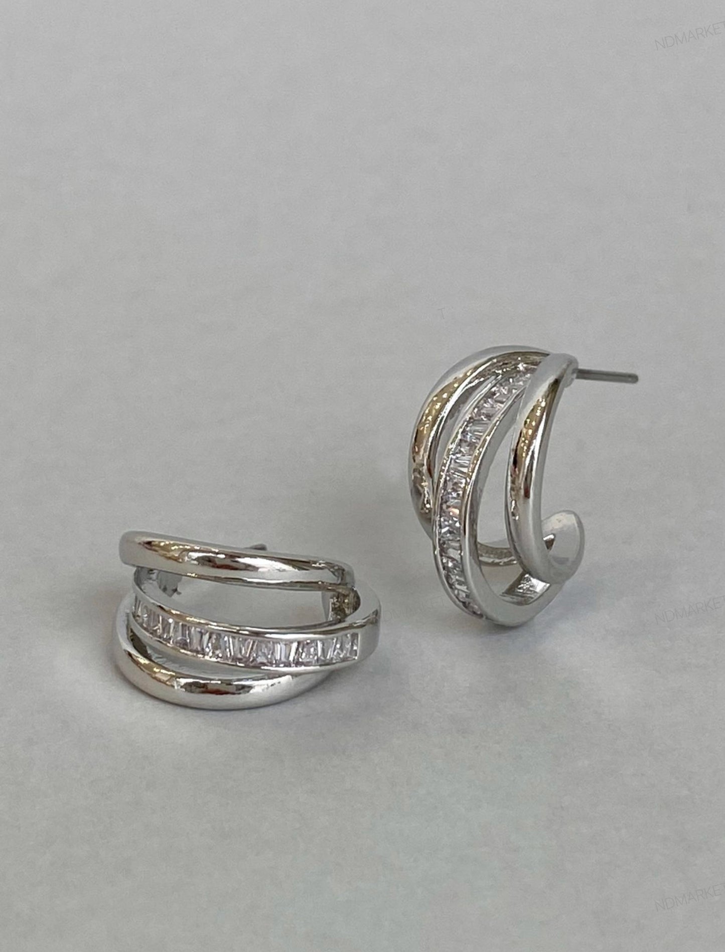 Triple Row Baguette CZ Huggie Hoop Earrings | Gold & Silver