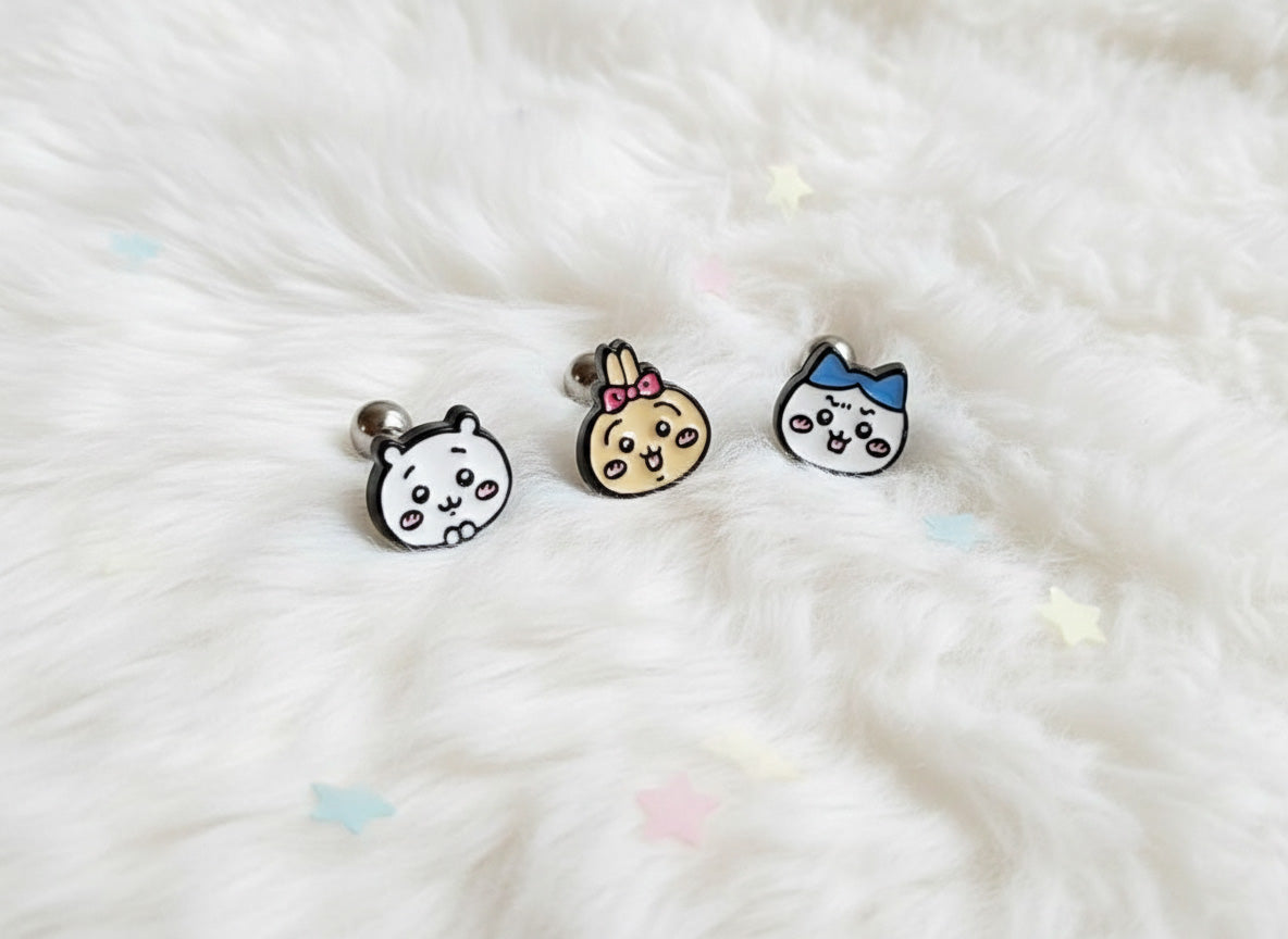 Chiikawa Enamel Brass Barbell Studs - Hachiware Usagi Cute Anime Character Earrings for Helix, Cartilage & Lobe Piercings