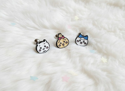 Chiikawa Enamel Brass Barbell Studs - Hachiware Usagi Cute Anime Character Earrings for Helix, Cartilage & Lobe Piercings
